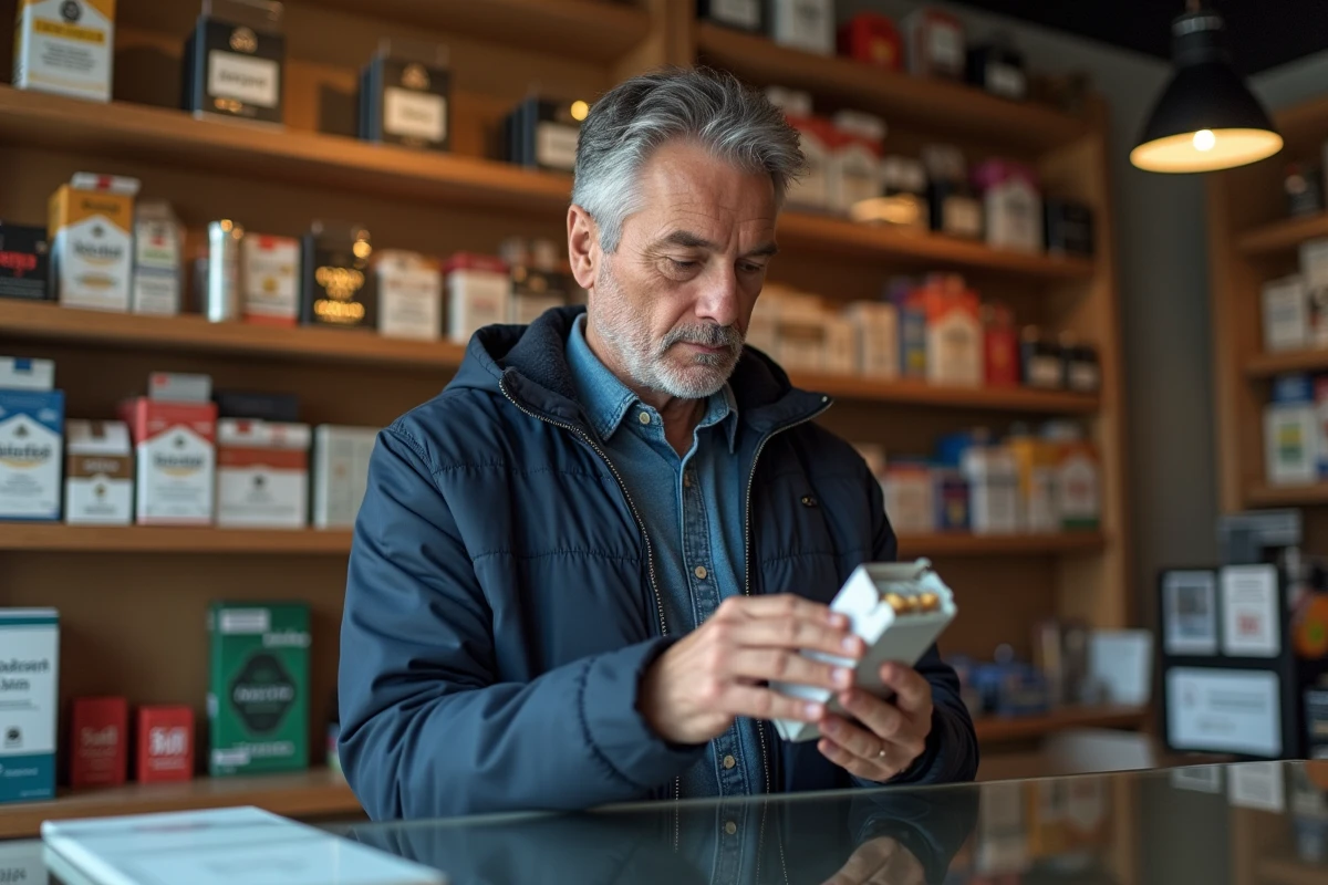 Homme examinant une cartouche de tabac au comptoir d'un bureau de tabac au Luxembourg avec des étiquettes de prix en euros
