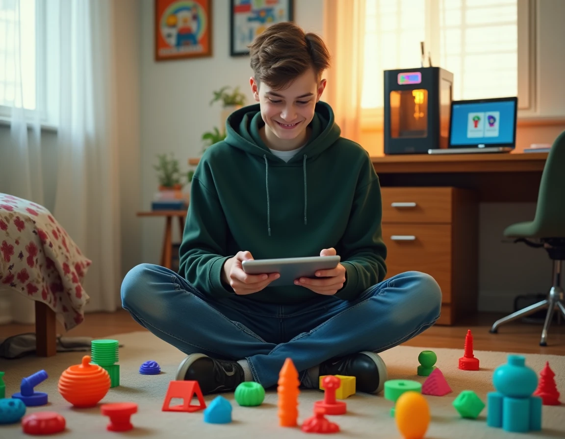 Adolescent entouré d'objets imprimés en 3D colorés tenant une tablette avec une application de modélisation 3D pour débutants