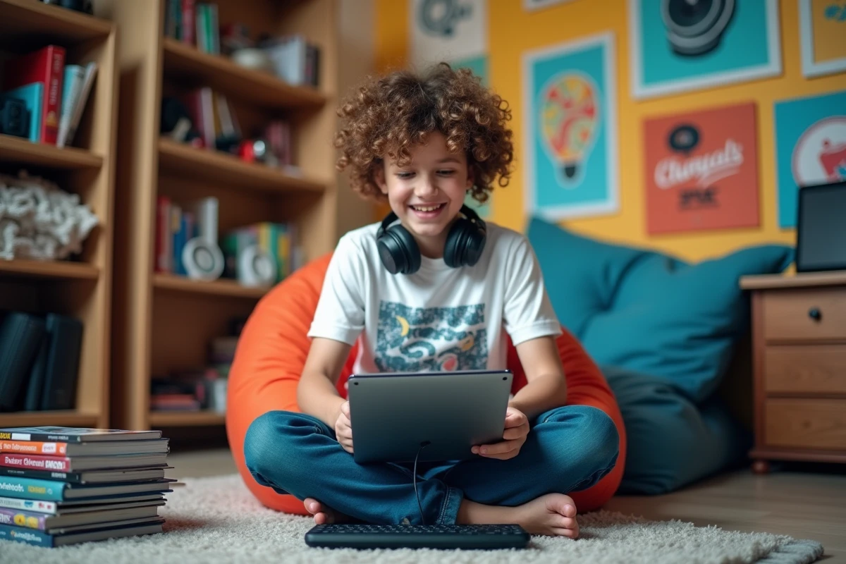Adolescent passionné d'informatique tapant sur un clavier connecté à une tablette dans sa chambre