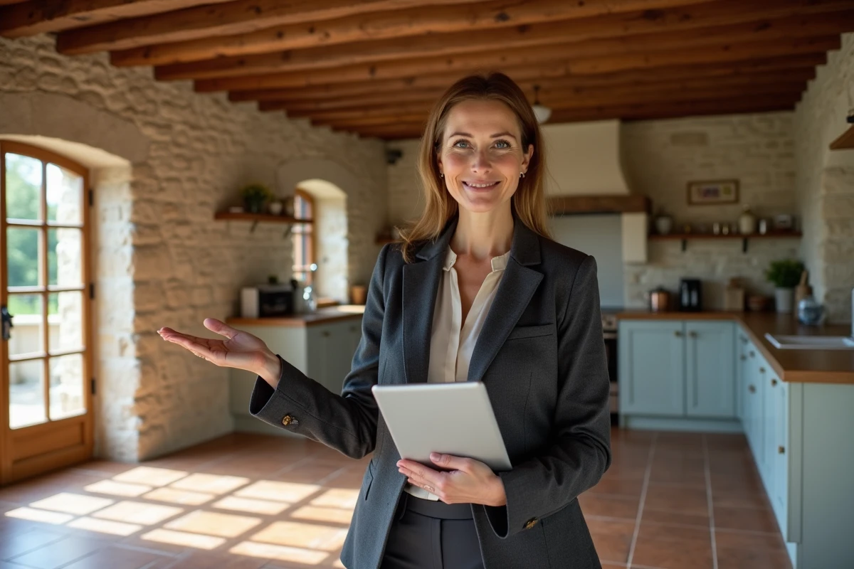 Agent immobilière présentant une ferme normande rénovée avec poutres apparentes et murs en pierre dans une cuisine authentique