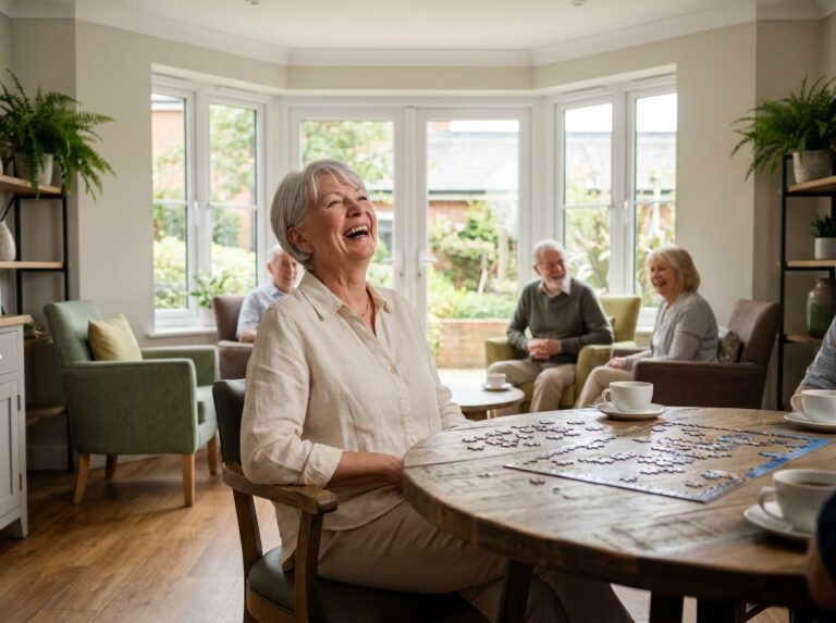 Femme senior souriante lors d'une activité conviviale dans une résidence moderne pour personnes âgées