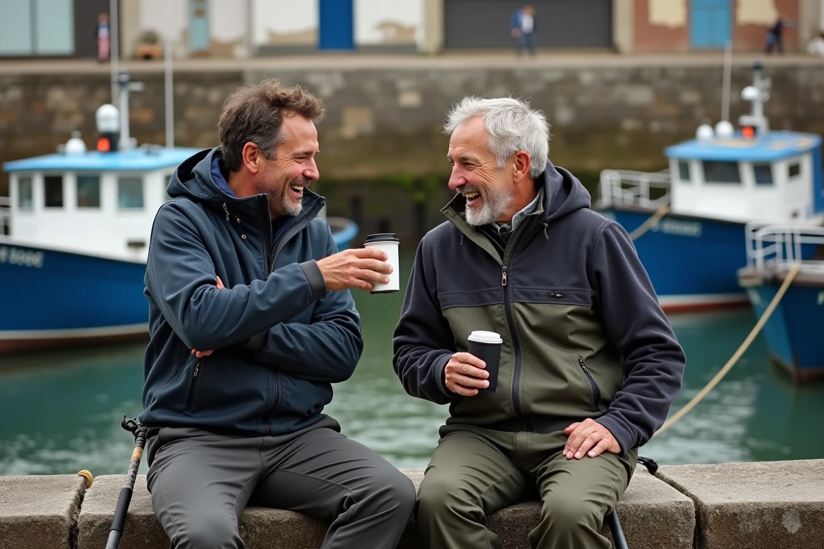 Deux amis pêcheurs assis sur le quai du port du Guilvinec partageant un café entre deux lancers