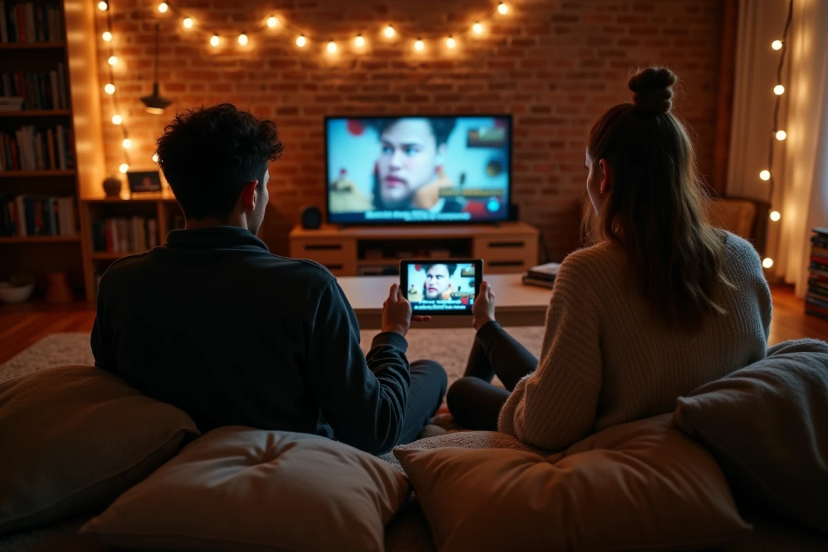 Deux amis regardant du contenu en français sur Stremio depuis une tablette dans un appartement cosy