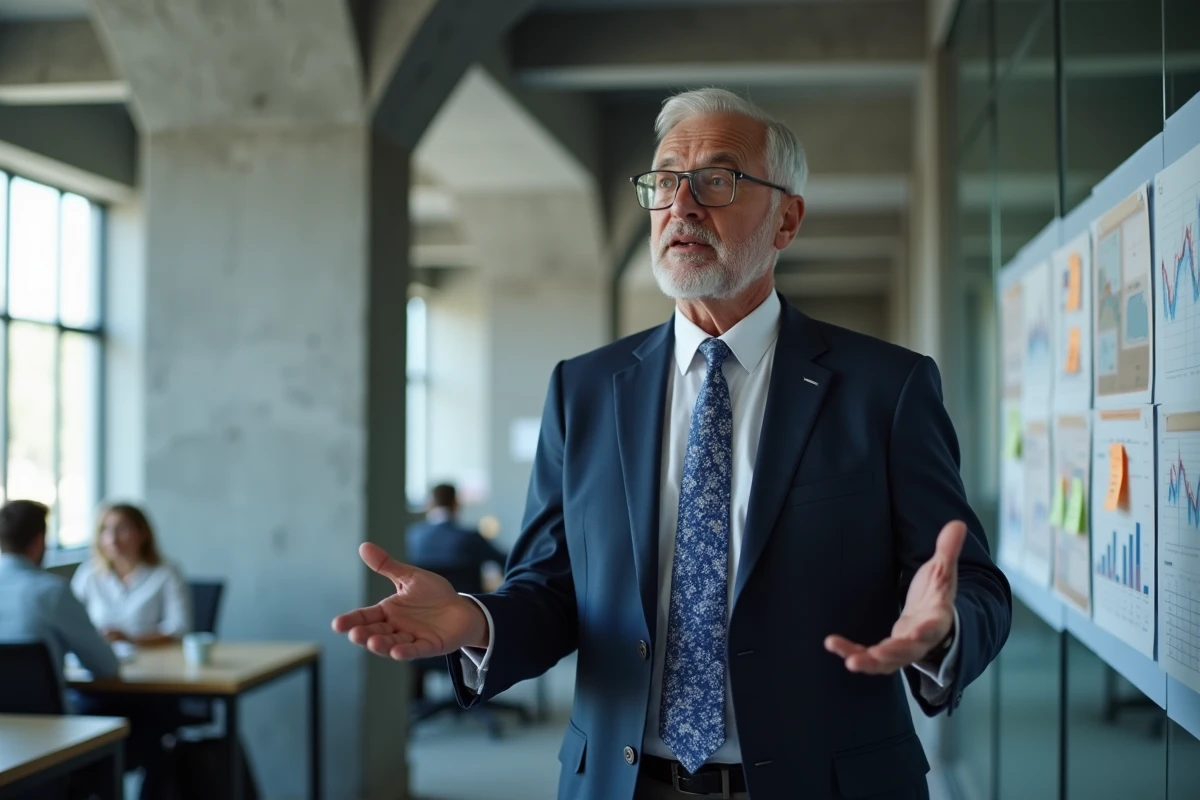 Auditeur mature expliquant des données devant un mur de graphiques