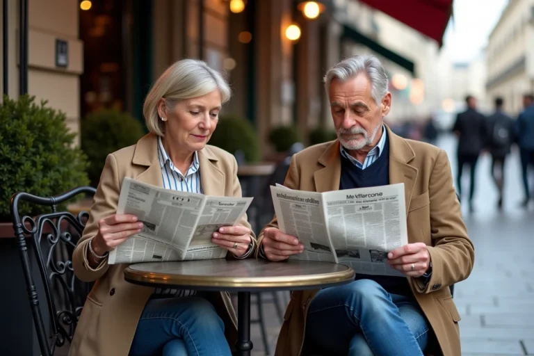 Un couple lisant des journaux à un café parisien authentique