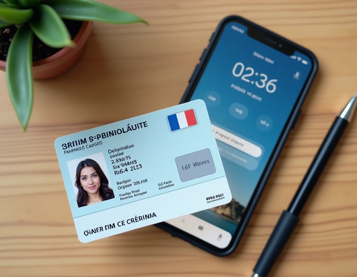 Carte nationale d'identité posée sur une table à côté d'un smartphone affichant une page de vérification de compte Vinted