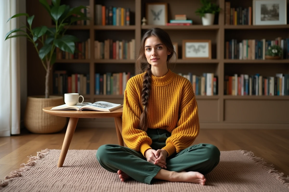 Femme lisant dans un coin cosy avec bibliothèque et décoration chaleureuse dans une maison créative