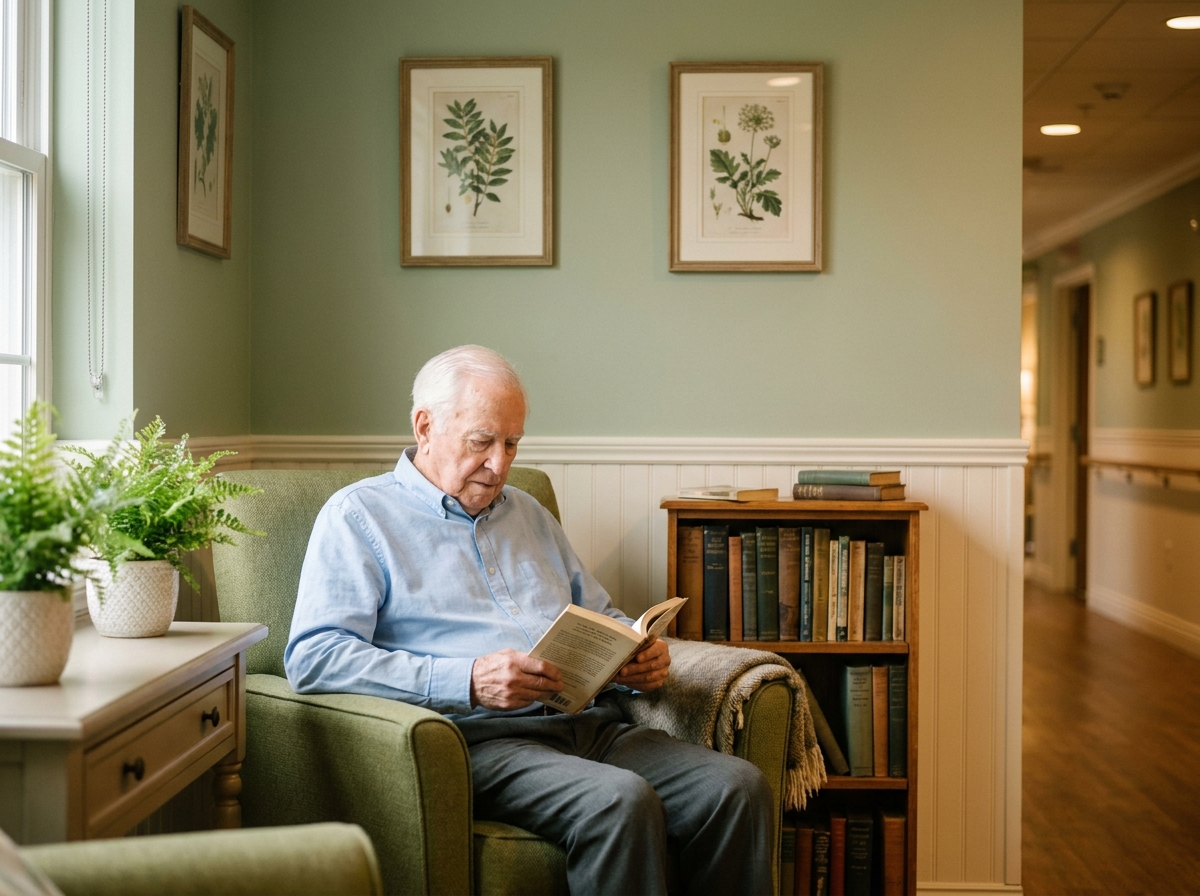 Senior lisant dans un coin lecture cosy et modernisé au sein d'une résidence pour personnes âgées