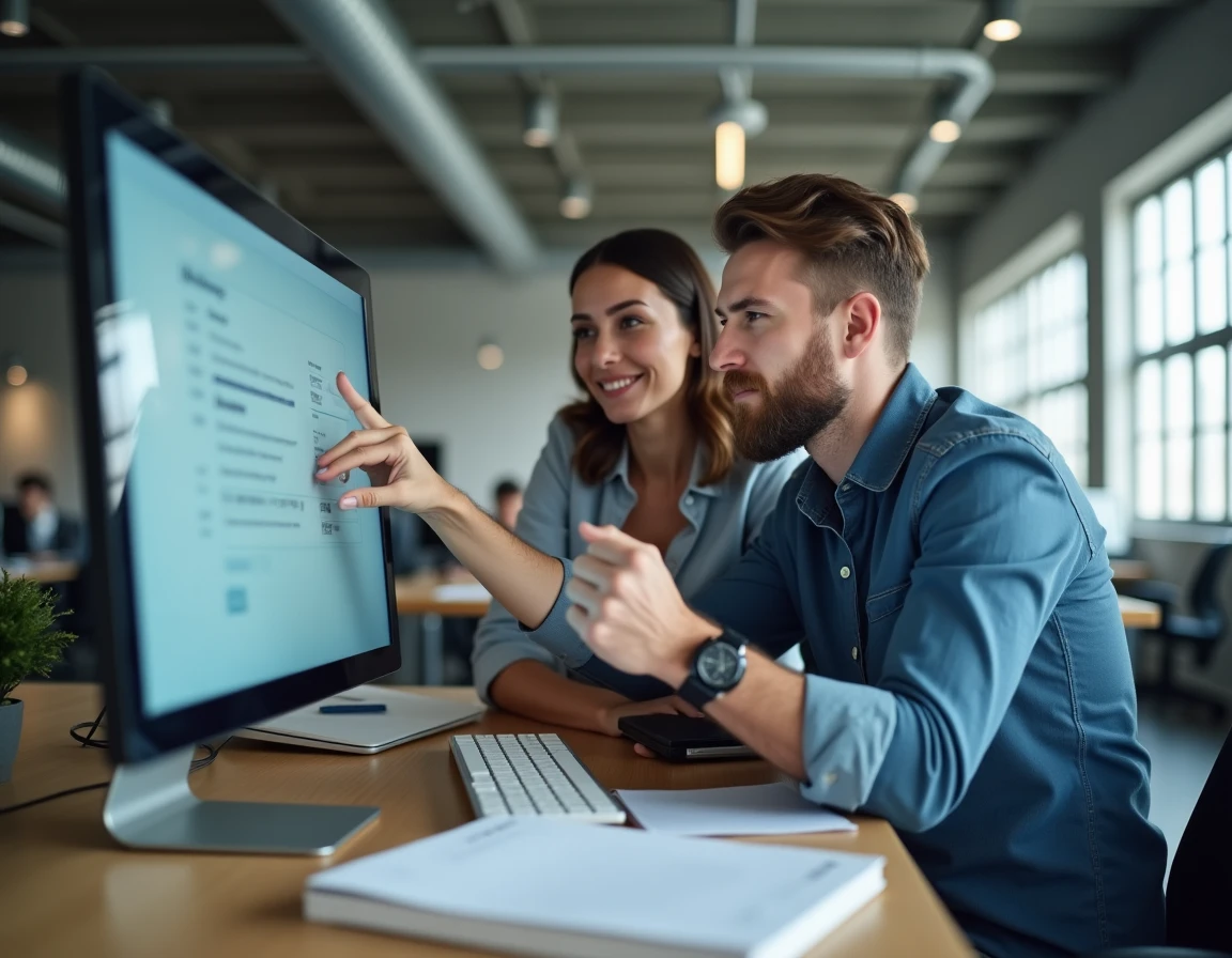 Deux collègues configurant ensemble un logiciel de facturation en ligne dans un espace de coworking