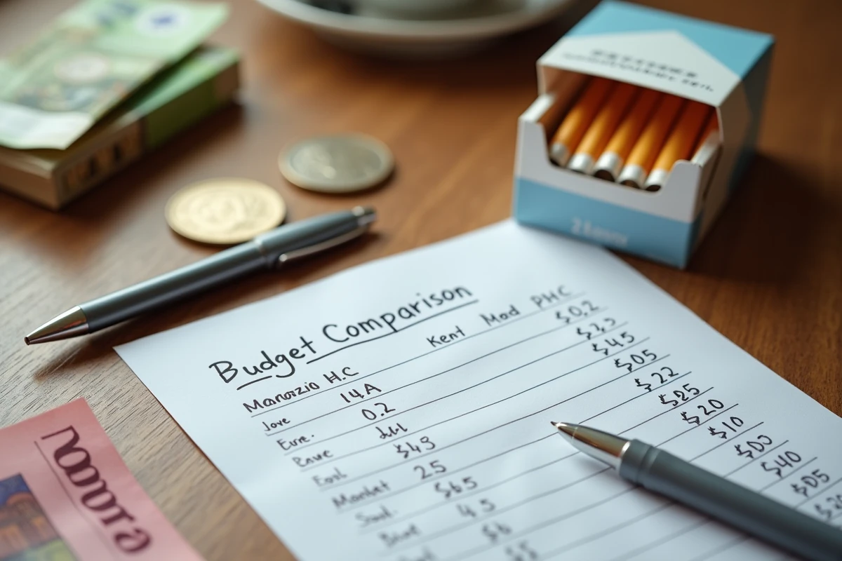 Vue en plongée d'une cartouche de cigarettes ouverte posée sur une table avec des euros et un calcul manuscrit comparant les prix du tabac au Luxembourg