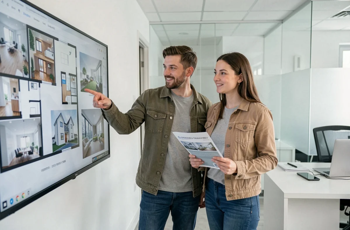 Couple consultant un plan de logement neuf dans une agence immobilière moderne
