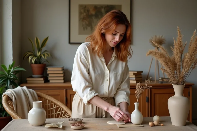 Femme arrangeant des éléments décoratifs naturels sur un meuble en chêne dans un salon chaleureux et créatif