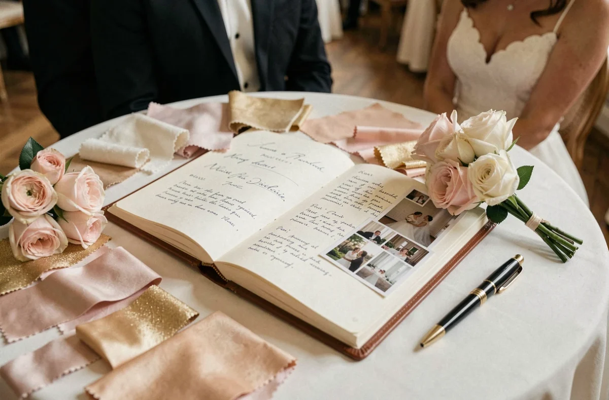 Détail d'un carnet de planification mariage avec échantillons de tissu, roses et notes manuscrites sur une table de réception parisienne
