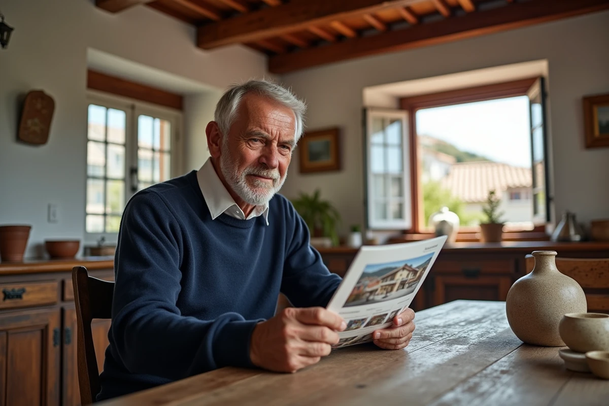 Homme âgé lisant une brochure immobilière dans une maison