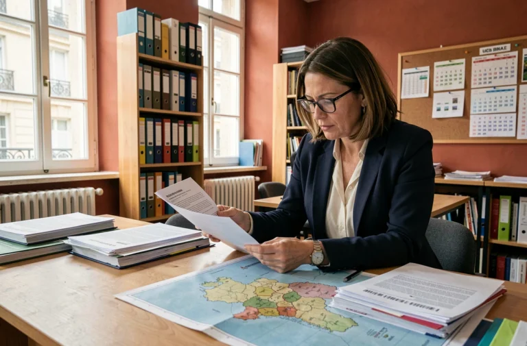 Enseignante de l'académie de Bordeaux révisant des documents de convergence scolaire dans un bureau administratif universitaire