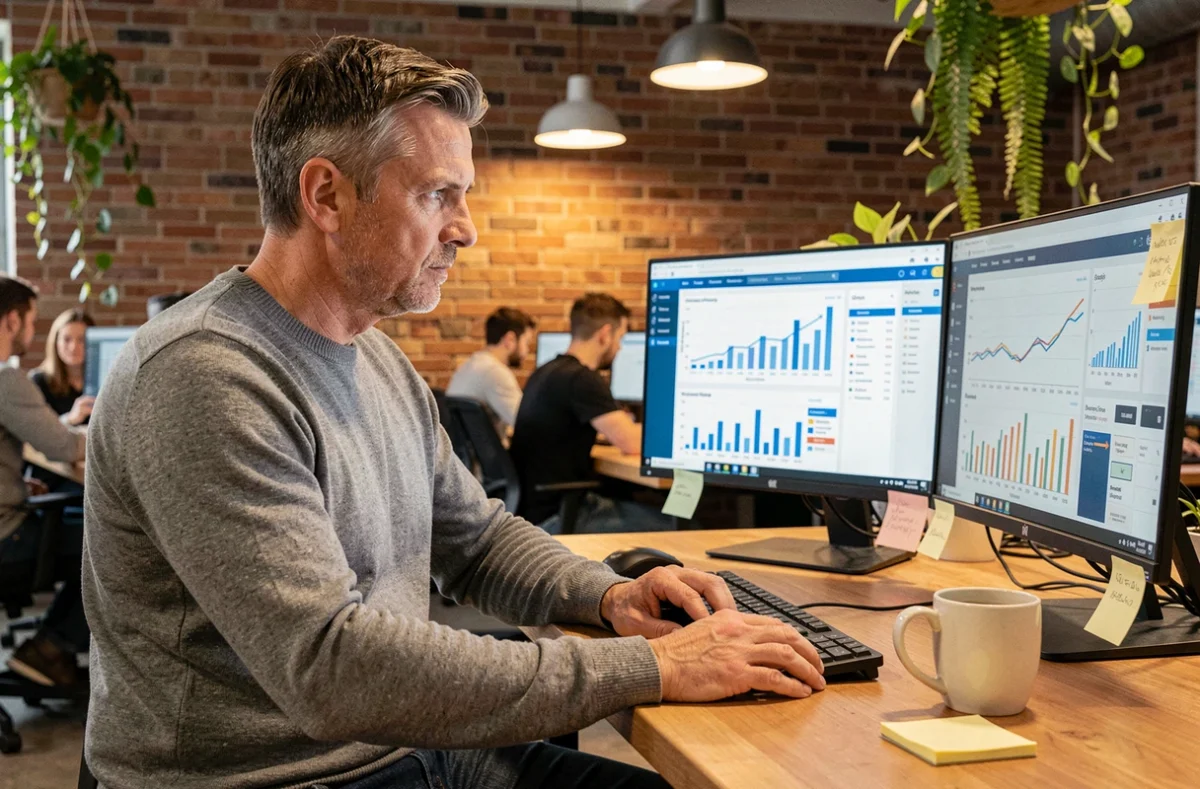 Un entrepreneur analyse des tableaux de bord de performance et des données analytiques pour optimiser la croissance de son entreprise en 2024