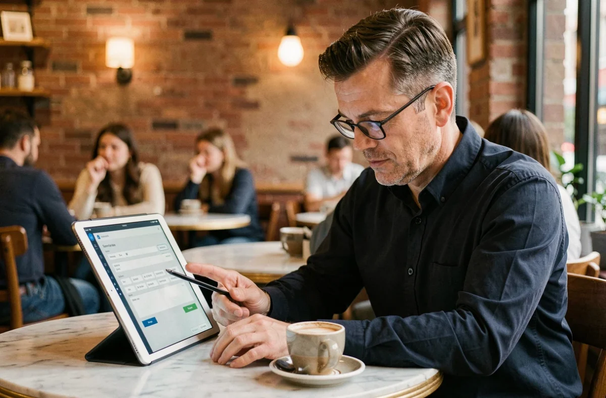 Entrepreneur configurant sa facturation en ligne sur une tablette dans un café urbain