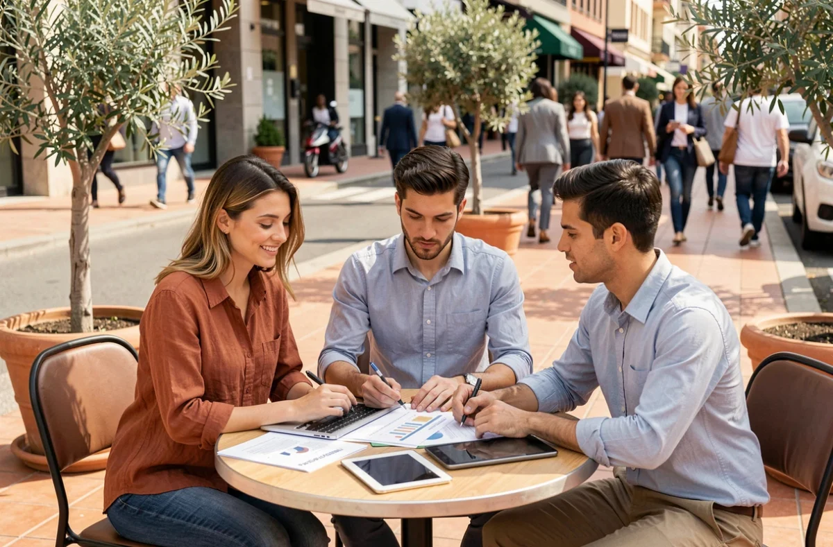 Une équipe de jeunes professionnels collabore autour d'un plan de développement commercial en terrasse de café dans un quartier d'affaires animé