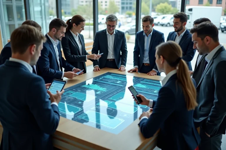 Groupe de professionnels autour d'un tableau digital sur la flotte