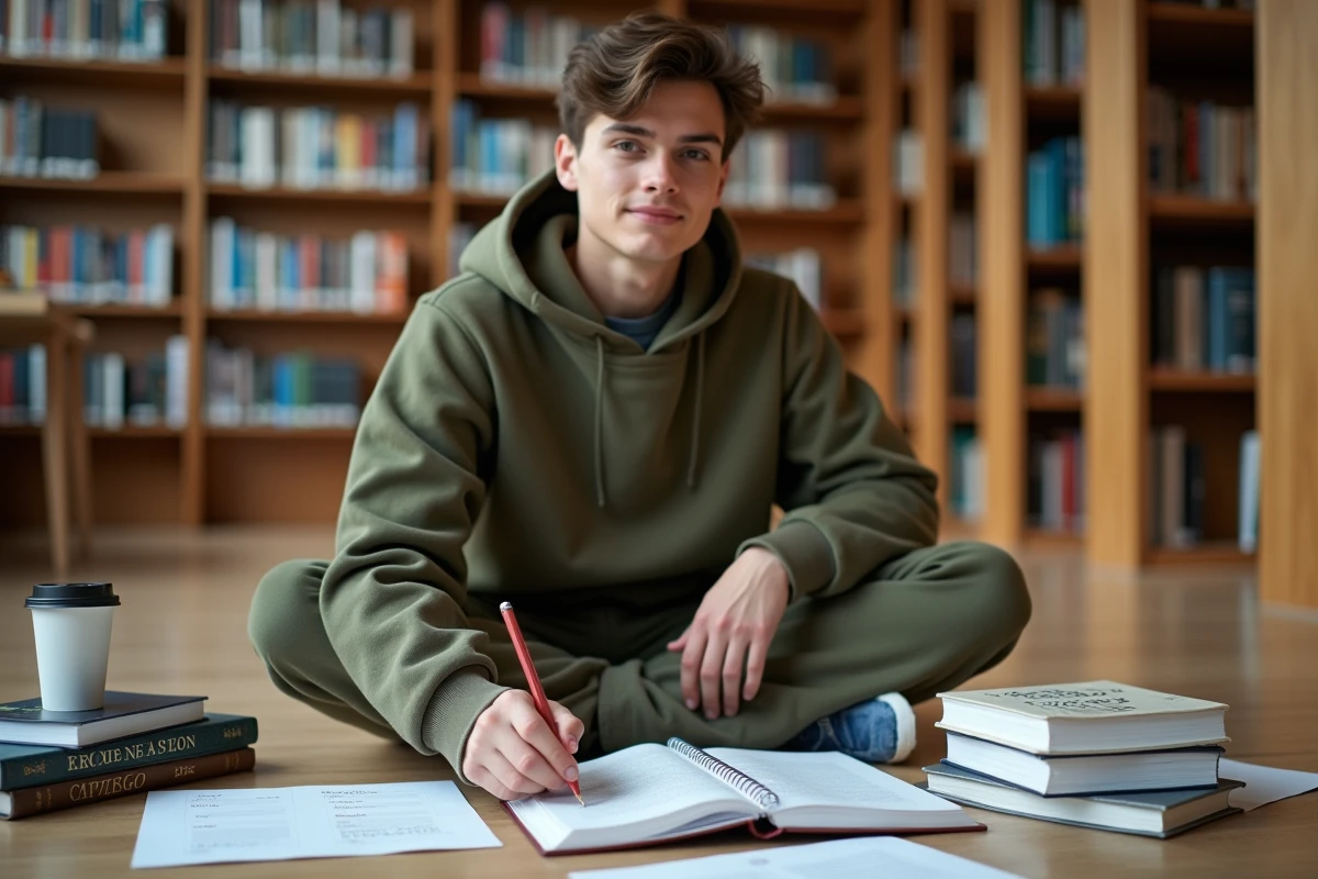 Étudiant concentré révisant la conjugaison de avoir fait dans une bibliothèque universitaire entouré de manuels de grammaire