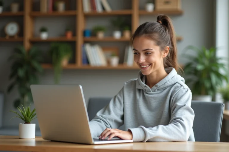 Jeune femme concentrée sur son ordinateur à la maison