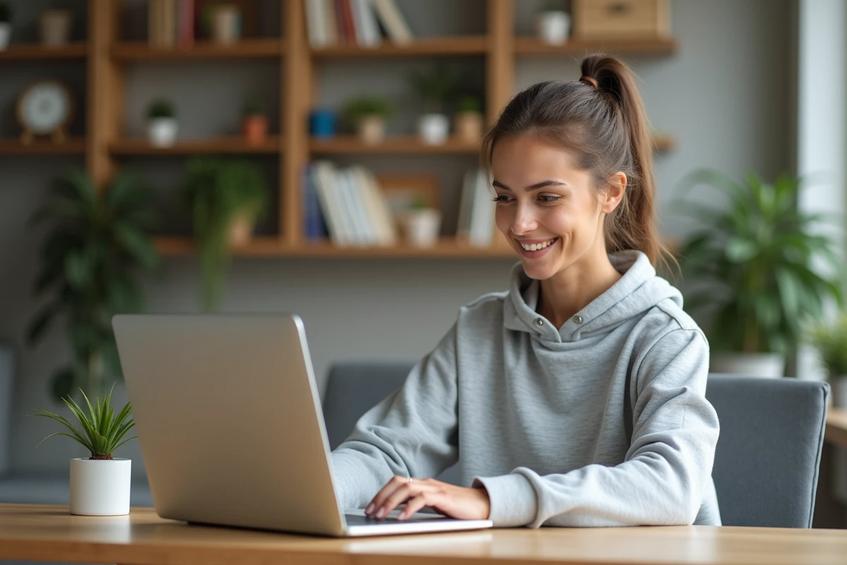 Jeune femme concentrée sur son ordinateur à la maison