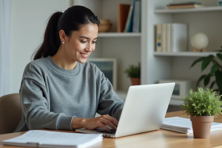 Femme assise à un bureau moderne consultant des actualités informatiques sur un ordinateur portable