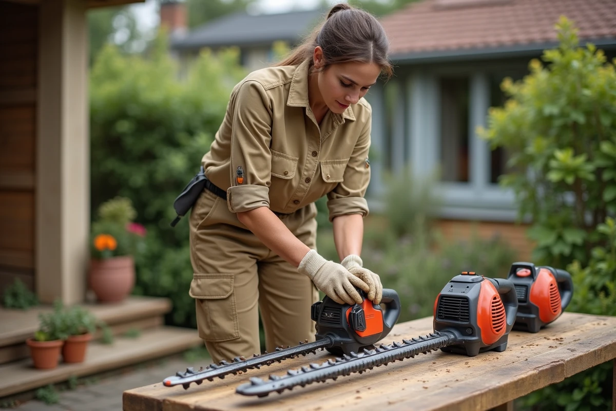 Femme comparant deux modèles de débroussailleuses thermiques sur un établi dans un jardin résidentiel