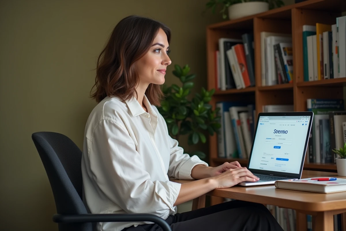 Femme configurant des addons Stremio sur son ordinateur portable dans un bureau à domicile