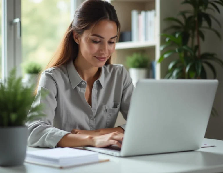 Femme paramétrant sa facturation en ligne sur un ordinateur portable dans un bureau minimaliste