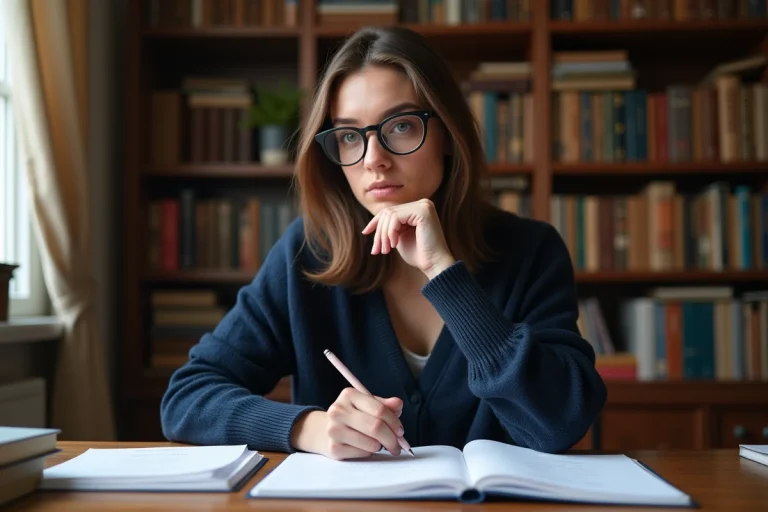 Femme étudiant la conjugaison du verbe avoir fait avec des livres de grammaire française ouverts sur un bureau en bois