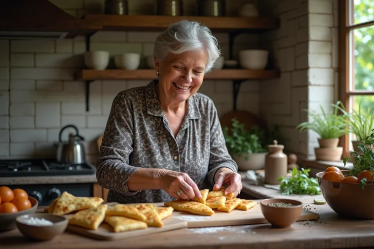 Femme souriante plie des samoussas dorés dans la cuisine