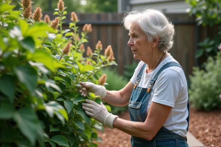 Femme inspectant un buisson à papillons dans le jardin