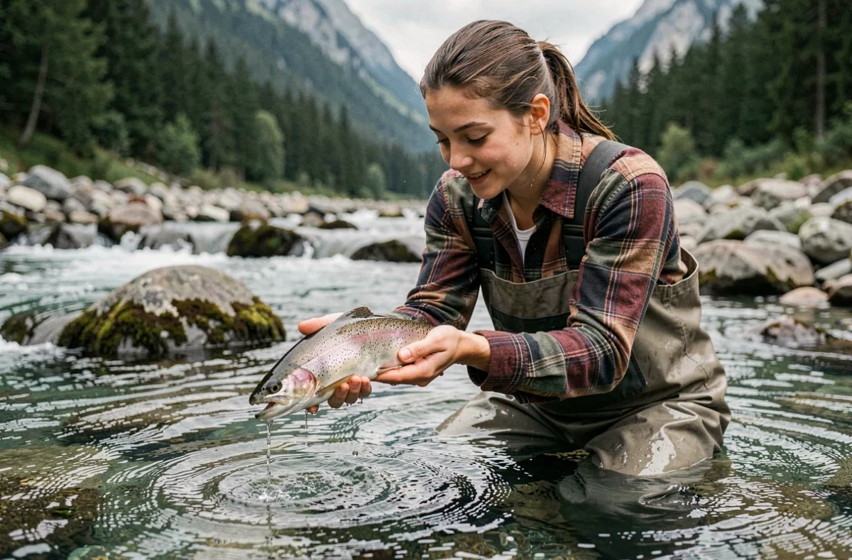 Jeune femme en waders tenant une truite arc-en-ciel au-dessus d'une rivière de montagne avant de la relâcher