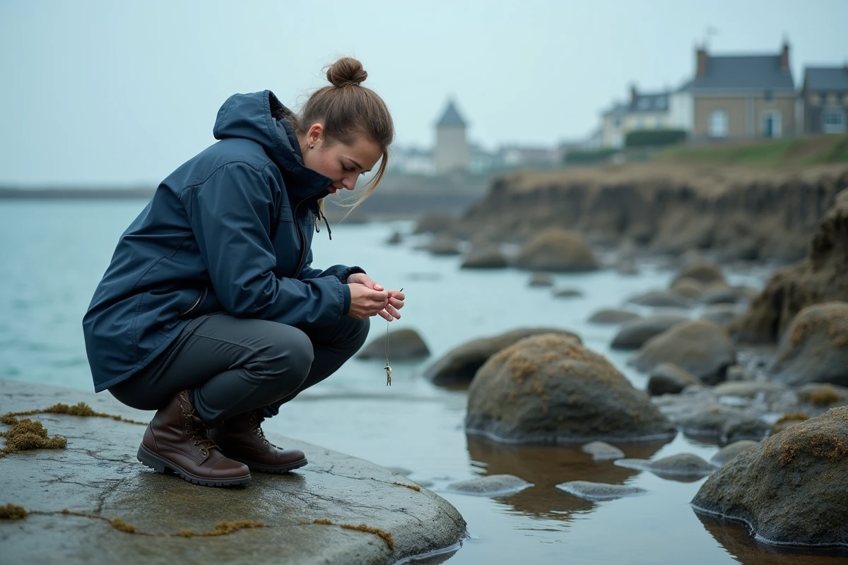 Femme pêcheuse en bord de mer préparant son appât sur les rochers de la côte du Guilvinec