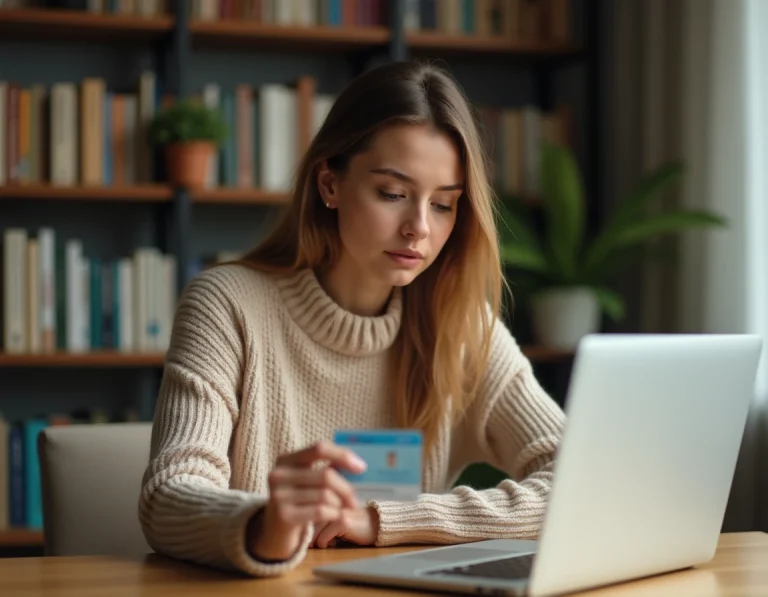 Femme vérifiant sa pièce d'identité avant de valider son compte Vinted sur un ordinateur portable