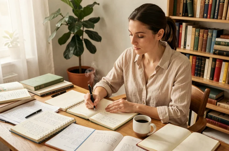 Jeune femme planifiant son avenir à son bureau avec des carnets et des notes manuscrites