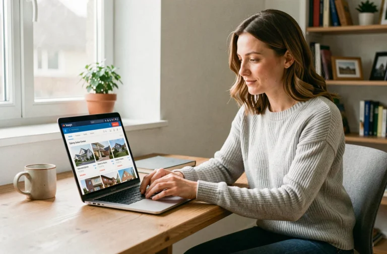 Femme cherchant un logement neuf sur un portail immobilier en ligne depuis son bureau à domicile