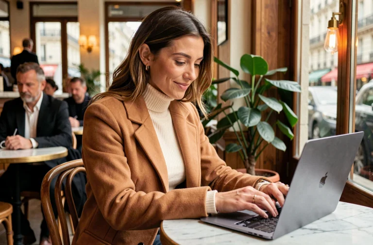 Femme élégante en manteau camel parcourant des tendances mode sur un ordinateur portable dans un café parisien moderne