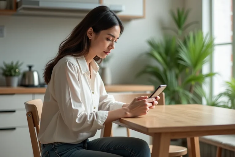 Femme assise à la maison regarde son smartphone