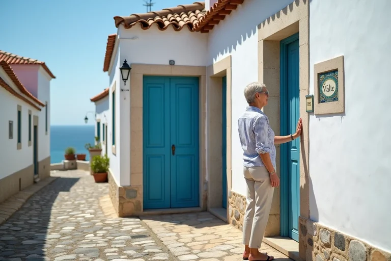 Femme en pantalon en lin devant une maison portugaise