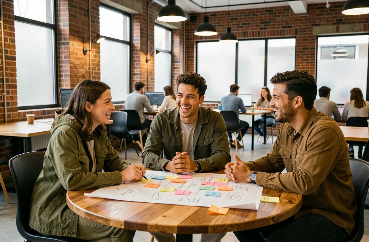 Groupe de jeunes adultes collaborant autour d'un tableau de planification dans un espace de coworking moderne