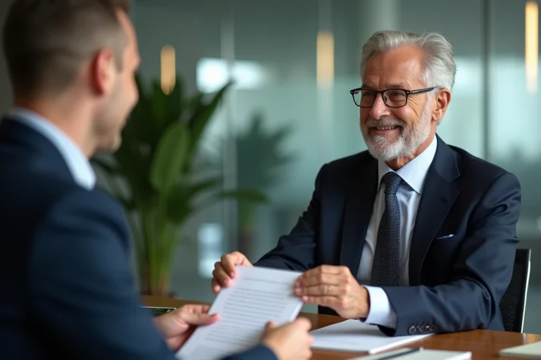 Homme d'affaires souriant tendant une lettre signée dans un bureau moderne