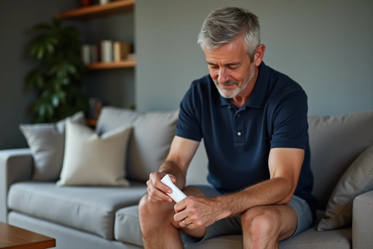 Homme appliquant une pommade anti-inflammatoire sur le genou dans un salon