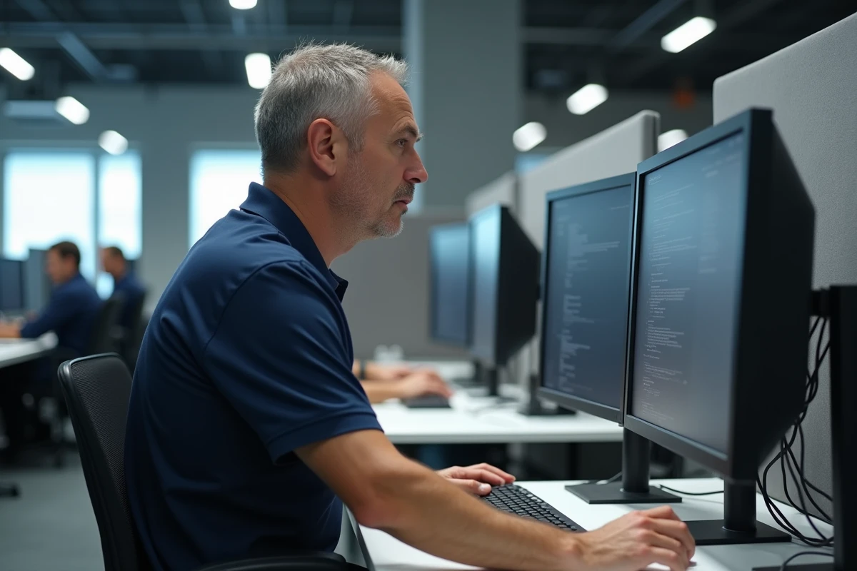 Homme d'affaires utilisant un bureau informatique double écran dans un environnement de bureau professionnel