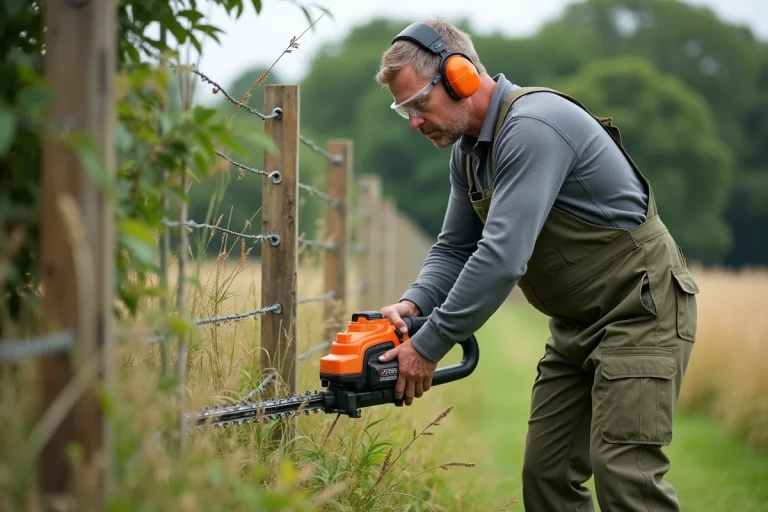 Homme utilisant une débroussailleuse thermique professionnelle pour entretenir un jardin rural en été