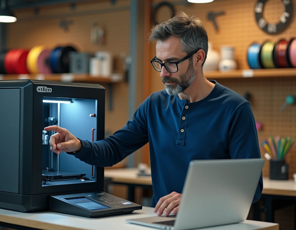 Homme utilisant une imprimante 3D dans un espace makerspace communautaire avec logiciel de modélisation ouvert