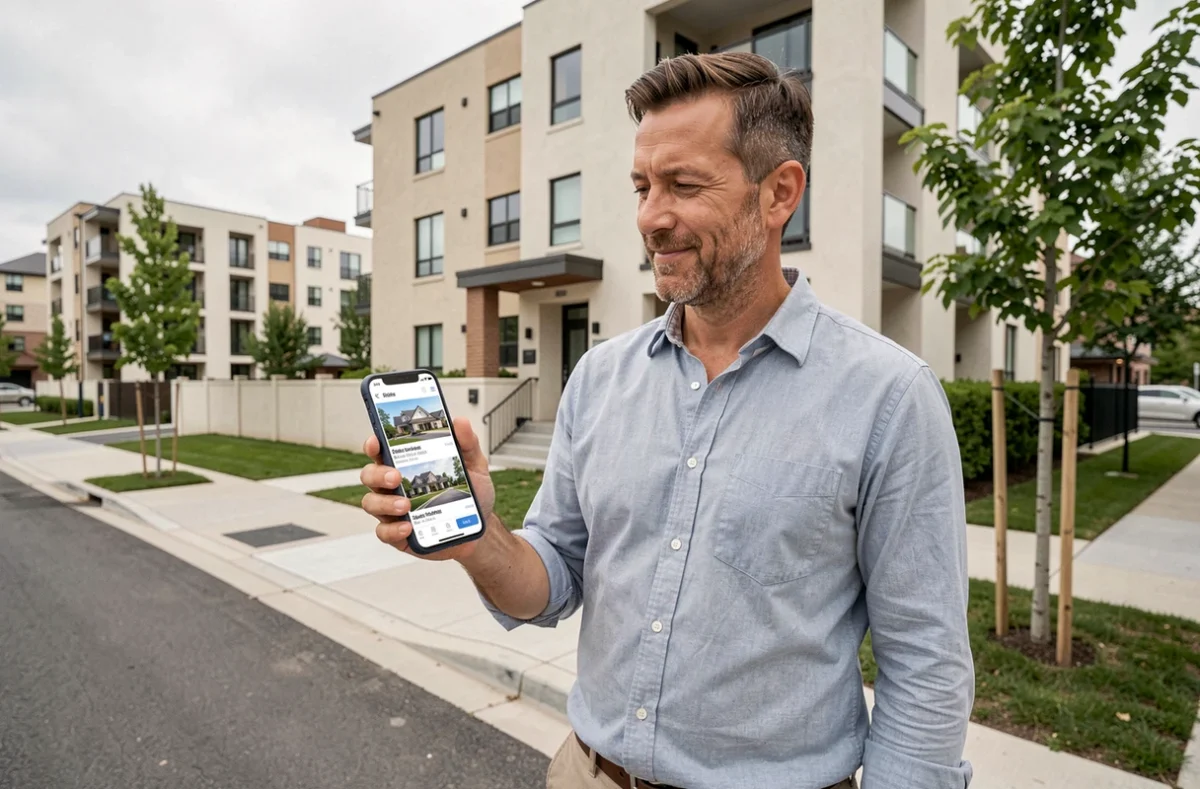 Homme consultant un portail immobilier sur smartphone devant un immeuble neuf en ville