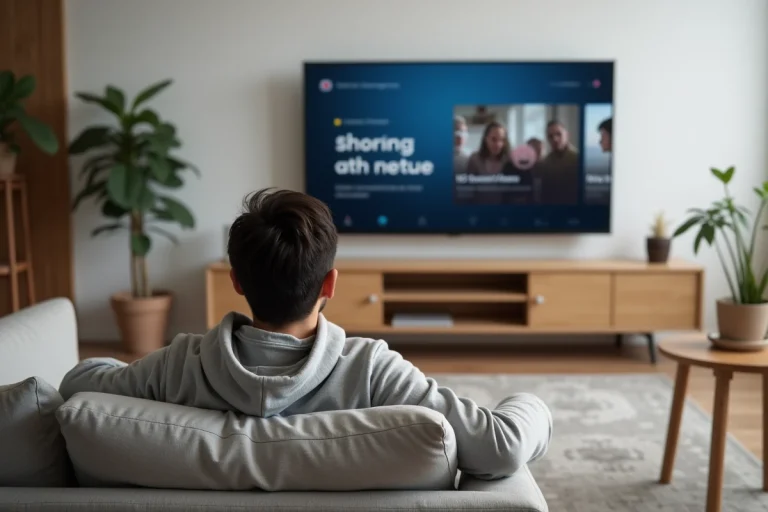 Homme naviguant sur une interface de streaming Stremio depuis son canapé dans un salon moderne