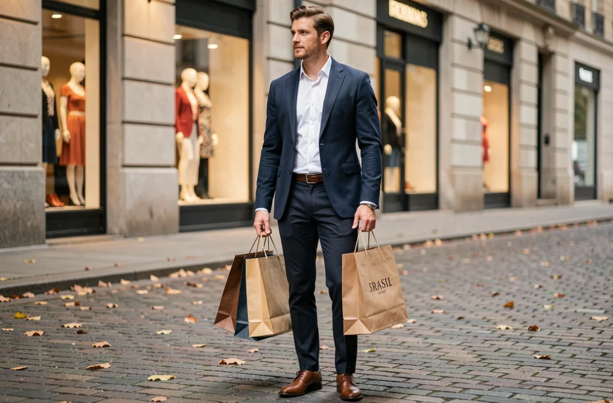 Homme stylé en blazer marine tenant des sacs de shopping de mode dans une rue urbaine pavée aux boutiques élégantes